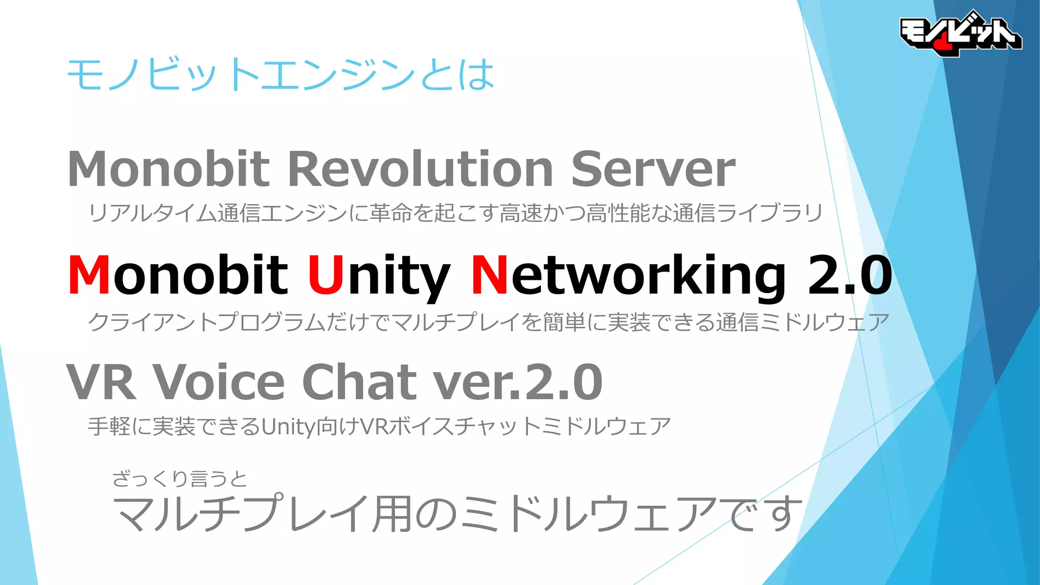 モノビットエンジンとは
Monobit Revolution Server
リアルタイム通信エンジンに革命を起こす高速かつ高性能な通信ライブラリ
Monobit Unity Networking 2.0
クライアントプログラムだけでマルチプレイを簡単に実装できる通信ミドルウェア
VR Voice Chat ver.2.0
手軽に実装できるUnity向けVRボイスチャットミドルウェア
ざっくり言うと
マルチプレイ用のミドルウェアです
 