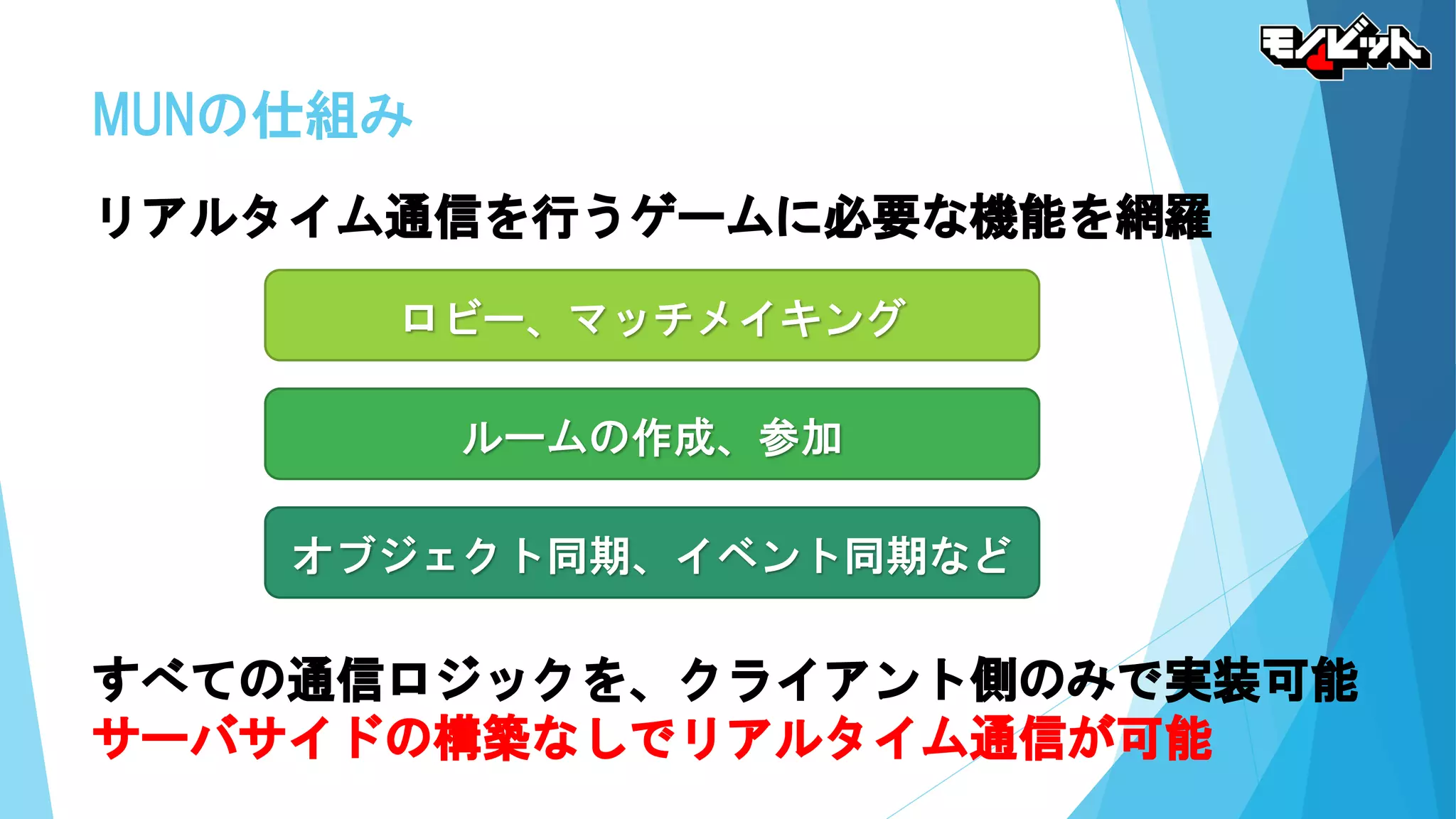 MUNの仕組み
リアルタイム通信を行うゲームに必要な機能を網羅
すべての通信ロジックを、クライアント側のみで実装可能
サーバサイドの構築なしでリアルタイム通信が可能
ロビー、マッチメイキング
ルームの作成、参加
オブジェクト同期、イベント同期など
 