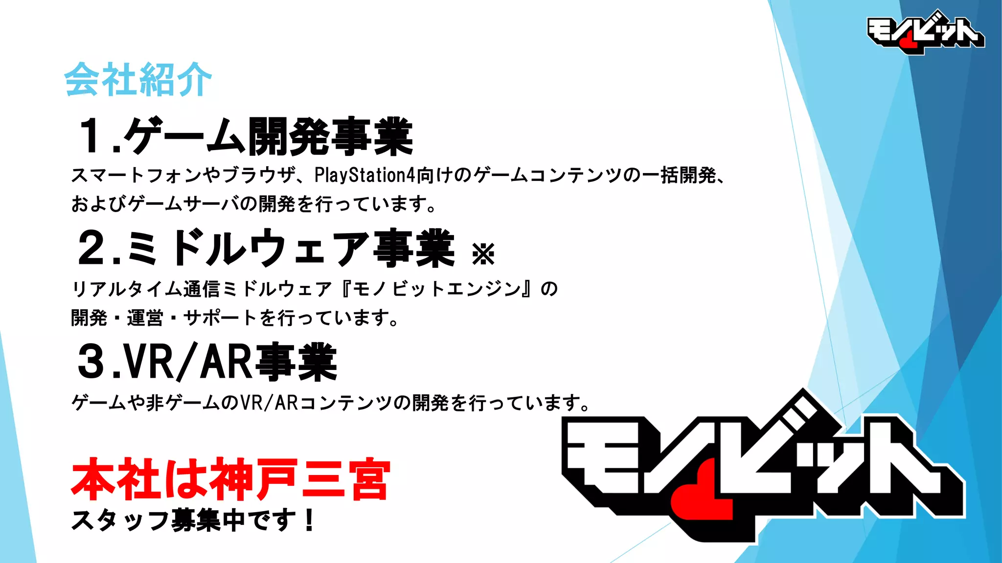会社紹介
１.ゲーム開発事業
スマートフォンやブラウザ、PlayStation4向けのゲームコンテンツの一括開発、
およびゲームサーバの開発を行っています。
２.ミドルウェア事業 ※
リアルタイム通信ミドルウェア『モノビットエンジン』の
開発・運営・サポートを行っています。
３.VR/AR事業
ゲームや非ゲームのVR/ARコンテンツの開発を行っています。
本社は神戸三宮
スタッフ募集中です！
 