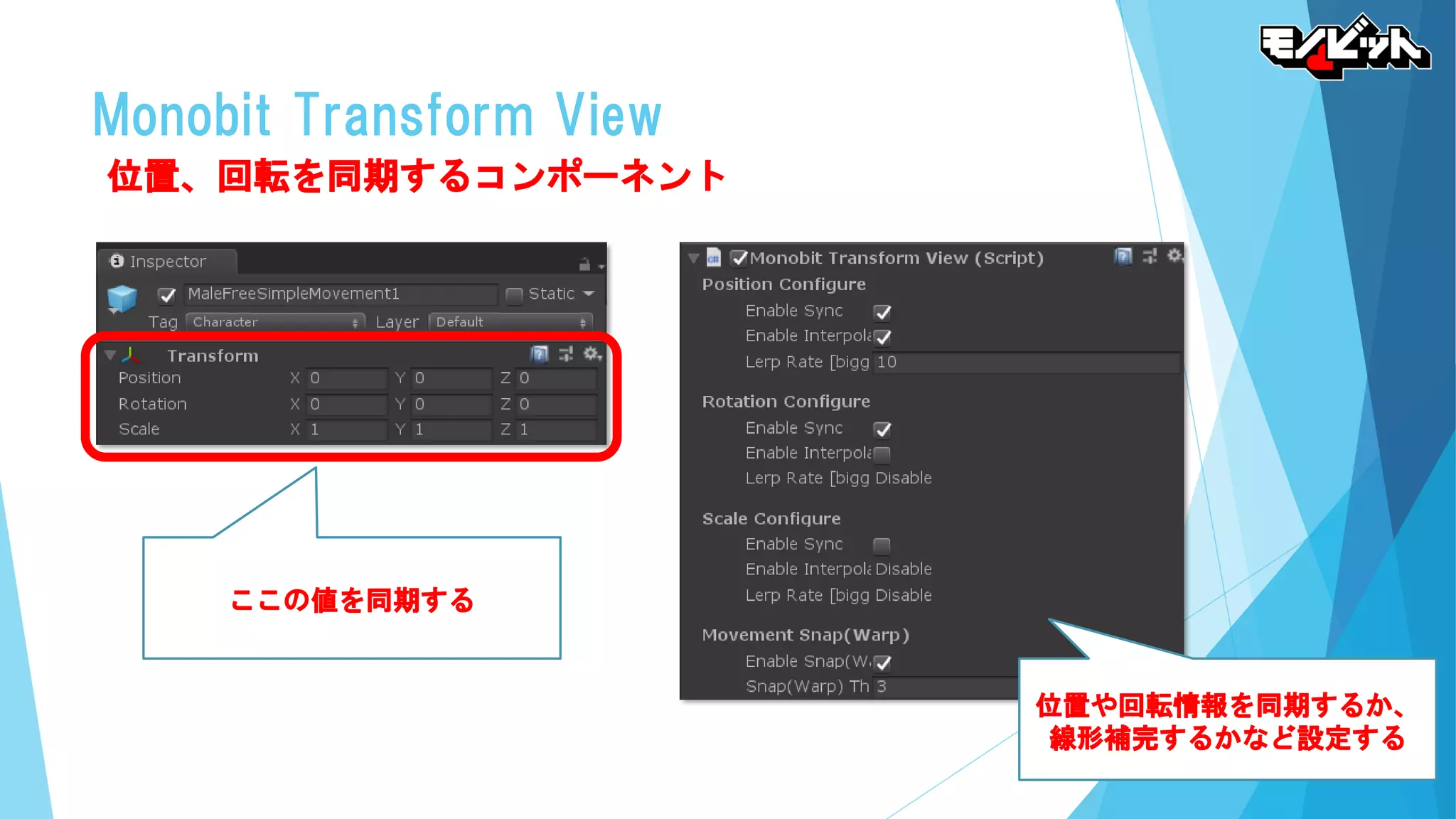 Monobit Transform View
位置、回転を同期するコンポーネント
ここの値を同期する
位置や回転情報を同期するか、
線形補完するかなど設定する
 