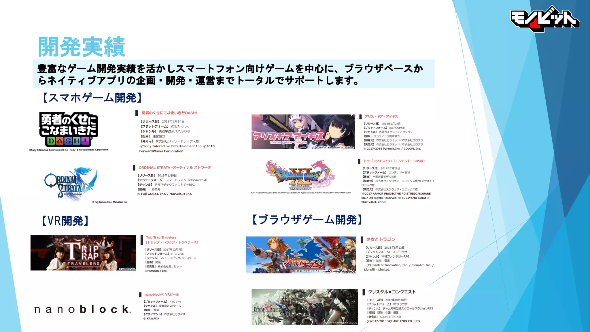 開発実績
豊富なゲーム開発実績を活かしスマートフォン向けゲームを中心に、ブラウザベースか
らネイティブアプリの企画・開発・運営までトータルでサポートします。
【VR開発】 【ブラウザゲーム開発】
【スマホゲーム開発】
 