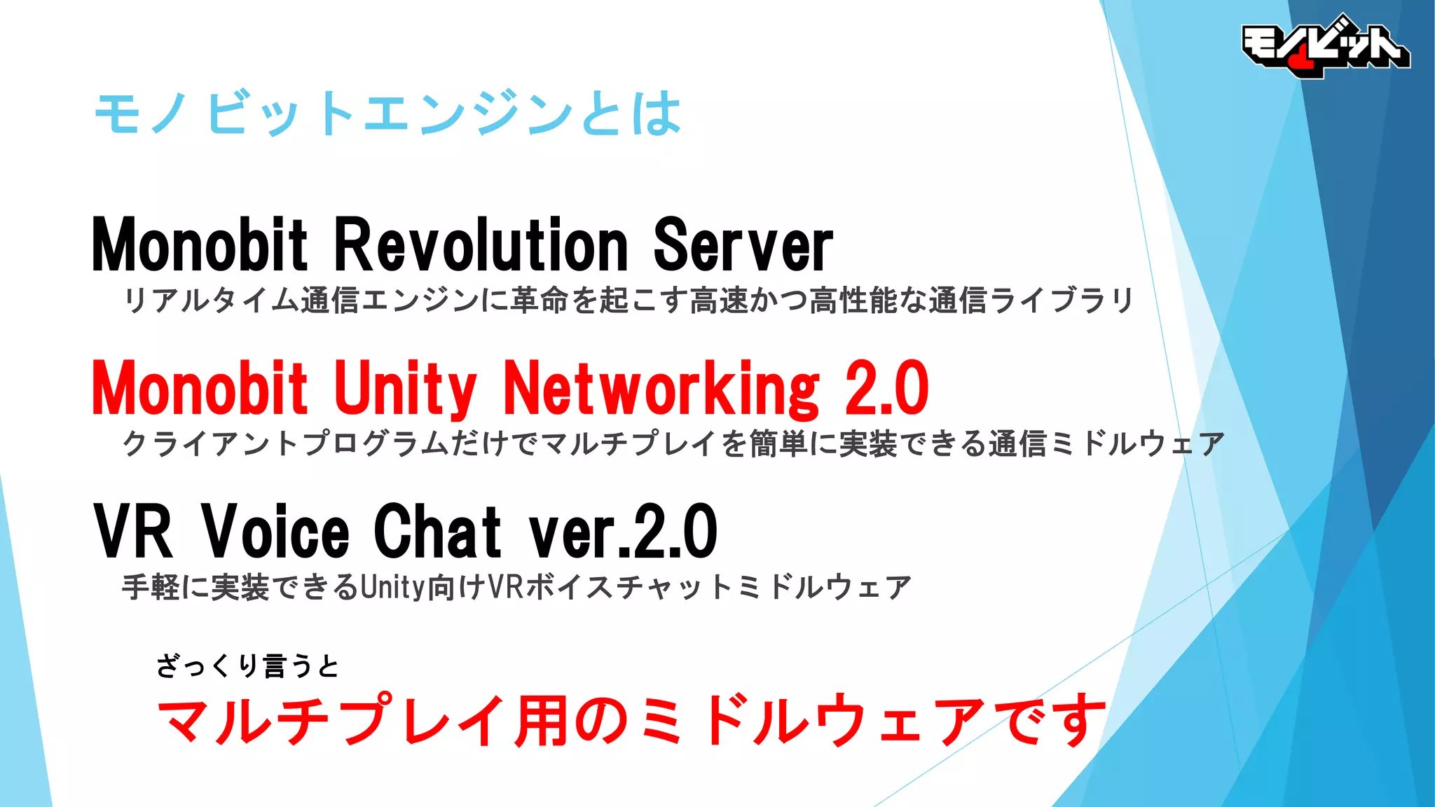 モノビットエンジンとは
Monobit Revolution Server
リアルタイム通信エンジンに革命を起こす高速かつ高性能な通信ライブラリ
Monobit Unity Networking 2.0
クライアントプログラムだけでマルチプレイを簡単に実装できる通信ミドルウェア
VR Voice Chat ver.2.0
手軽に実装できるUnity向けVRボイスチャットミドルウェア
ざっくり言うと
マルチプレイ用のミドルウェアです
 