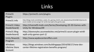 Links 
Prime31 
Plugins 
https://prime31.com/plugins 
Prime31 Info http://blogs.msdn.com/b/dave_voyles_for_gaming_html5_and_xbox/archive/2014/08/13/prime-31- 
azure-mobile-services-plugin-for-win8-amp-wp8-unity-games.aspx 
Prime31 Video 
(leaderboard) 
http://channel9.msdn.com/Series/Developing-2D-3D-Games-with- 
Unity-for-Windows/09 
Prime31 Blog 
(leaderboard) 
http://davevoyles.azurewebsites.net/prime31-azure-plugin-win8- 
wp8-unity-games-part-2/ 
Unity Rewards 
Program 
http://www.wpdevcenteroffers.com 
Windows 
Lifetime Store 
Account 
http://blogs.windows.com/buildingapps/2014/09/17/new-dev-center- 
lifetime-registration-benefits-program/ 
 