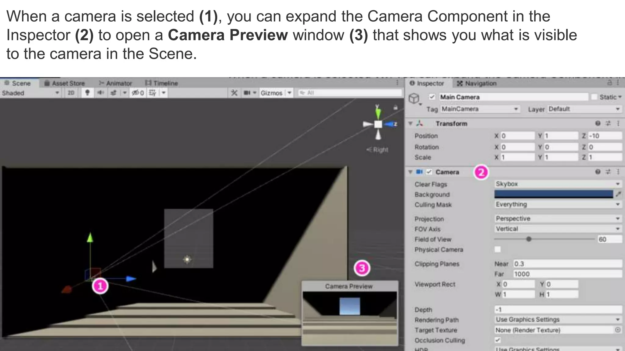 When a camera is selected (1), you can expand the Camera Component in the
Inspector (2) to open a Camera Preview window (3) that shows you what is visible
to the camera in the Scene.
 