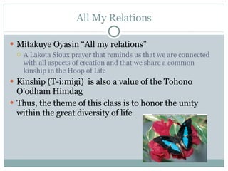 All My Relations Mitakuye Oyasin “All my relations” A Lakota Sioux prayer that reminds us that we are connected with all aspects of creation and that we share a common kinship in the Hoop of Life Kinship (T-i:migi)  is also a value of the Tohono O’odham Himdag Thus, the theme of this class is to honor the unity within the great diversity of life 