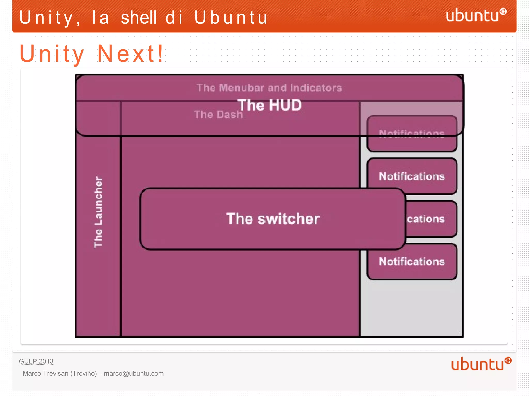 U n i t y , l a shell d i U b u n t u

Unity Next!




GULP 2013
 Marco Trevisan (Treviño) – marco@ubuntu.com
 