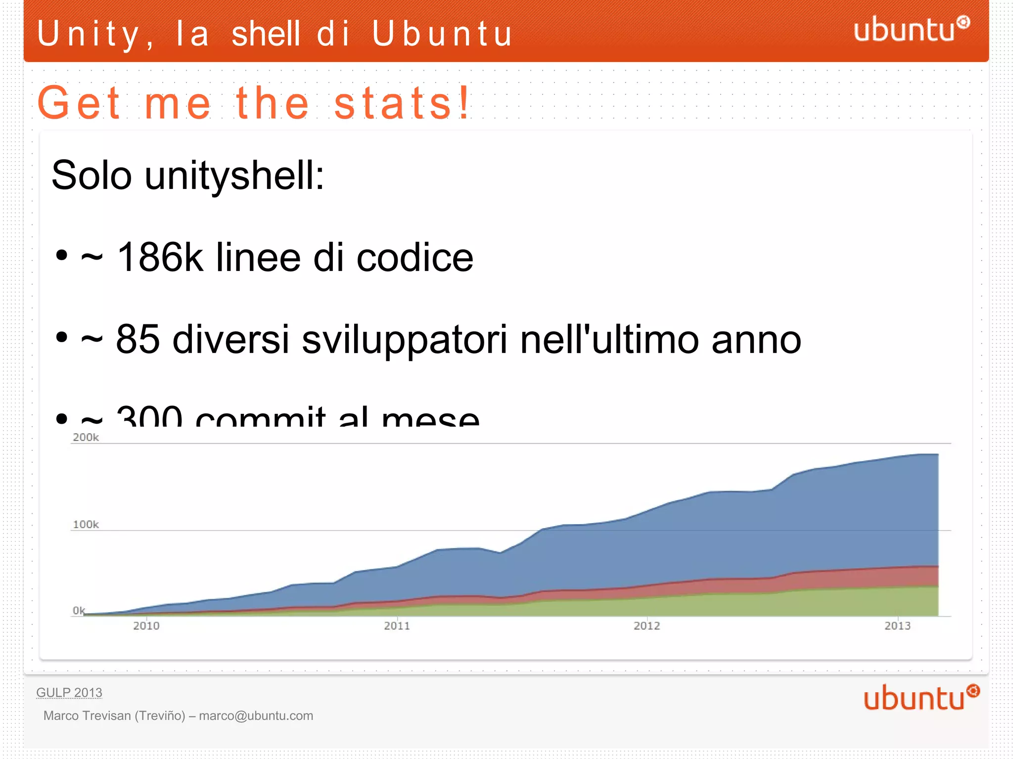 U n i t y , l a shell d i U b u n t u

Get me the stats!
  Solo unityshell:
  ●
      ~ 186k linee di codice
  ●
      ~ 85 diversi sviluppatori nell'ultimo anno
  ●
      ~ 300 commit al mese




GULP 2013
 Marco Trevisan (Treviño) – marco@ubuntu.com
 