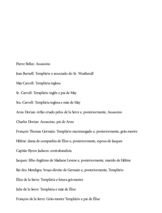 Pierre Bellec: Assassino
Jean Burnell: Templário e associado do Sr. Weatherall
May Carroll: Templária inglesa
Sr. Carroll: Templário inglês e pai de May
Sra. Carroll: Templária inglesa e mãe de May
Arno Dorian: órfão criado pelos de la Serre e, posteriormente, Assassino
Charles Dorian: Assassino, pai de Arno
François Thomas Germain: Templário excomungado e, posteriormente, grão-mestre
Hélène: dama de companhia de Élise e, posteriormente, esposa de Jacques
Capitão Byron Jackson: contrabandista
Jacques: filho ilegítimo de Madame Levene e, posteriormente, marido de Hélène
Rei dos Mendigos: braço-direito de Germain e, posteriormente, Templário
Élise de la Serre: Templária e futura grã-mestre
Julie de la Serre: Templária e mãe de Élise
François de la Serre: Grão-mestre Templário e pai de Élise
 