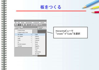 板をつくる
Hierarchyビューで
“create”→“Cube”を選択
 