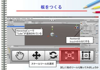 板をつくる
Hierarchyビューで
“Cube”が追加されている
Positionは
(x,y,z)=(0.0.0)にする
スケールツールを選択
試しに他のツールも触ってみましょうか
 