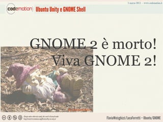 Ubuntu Unity e GNOME Shell




GNOME 2 è morto!
  Viva GNOME 2!


                By DistractedMind

                                    FlaviaWeisghizzi/LucaFerretti – Ubuntu/GNOME
 
