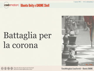 Ubuntu Unity e GNOME Shell




Battaglia per
la corona

                                                                   By _Pek_

                                 FlaviaWeisghizzi/LucaFerretti – Ubuntu/GNOME
 