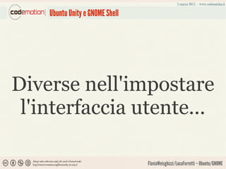 Ubuntu Unity e GNOME Shell




Diverse nell'impostare
 l'interfaccia utente...

                                 FlaviaWeisghizzi/LucaFerretti – Ubuntu/GNOME
 