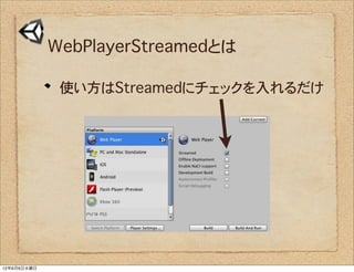 WebPlayerStreamedとは

              使い方はStreamedにチェックを入れるだけ




12年6月6日水曜日
 