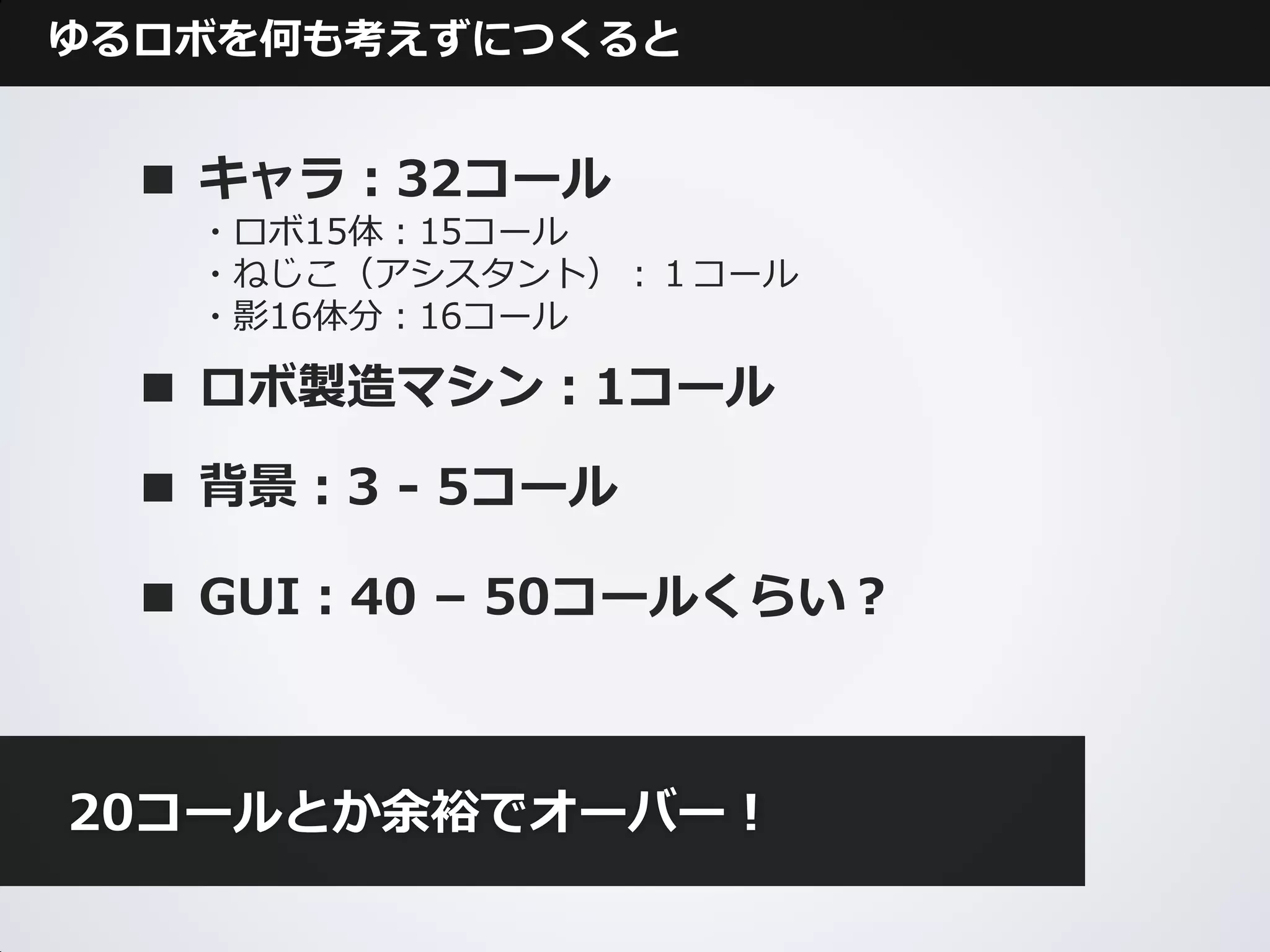 ゆるロボを何も考えずにつくると


  ■ キャラ：32コール
   ・ロボ15体：15コール
   ・ねじこ（アシスタント）：１コール
   ・影16体分：16コール

  ■ ロボ製造マシン：1コール

  ■ 背景：3 - 5コール

  ■ GUI：40 – 50コールくらい？



20コールとか余裕でオーバー！
 