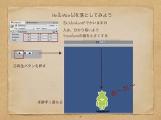 HelloWorldを落としてみよう
⑤Odenkunがでかいままの
人は、分かり易いよう
Transformの値を小さくする
②再生ボタンを押す
あ∼れ∼
④勝手に落ちる
51
 