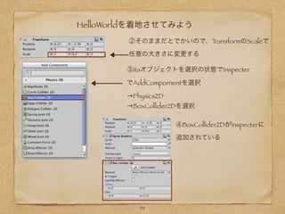 HelloWorldを着地させてみよう
③itaオブジェクトを選択の状態でInspecter
でAddCompornentを選択
→Physics2D
→BoxCollider2Dを選択
②そのままだとでかいので、TransformのScaleで
任意の大きさに変更する
④BoxCollider2DがInspecterに
追加されている
54
 