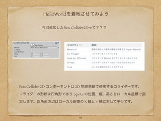 HelloWorldを着地させてみよう
今回追加したBox Collider2Dって？？？
Box Collider 2D コンポーネントは 2D 物理挙動で使用するコライダーです。
コライダーの形状は四角形であり Sprite の位置、幅、高さをローカル座標で指
定します。四角形の辺はローカル座標の X 軸と Y 軸に対して平行です。
58
 