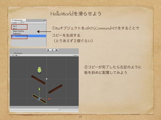 HelloWorldを滑らせよう
①Itaオブジェクトをctl+D(Command+D)をすることで
コピーを生成する
（とりあえず２個ぐらい）
②コピーが完了したら左記のように
板を斜めに配置してみよう
63
 