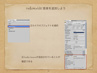 HelloWorldに音楽を追加しよう
70
③カメラオブジェクトを選択
④Audio Souceが追加されていることが
確認できる
 