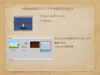 HelloWorldにスクリプトを加えてみよう
72
①Project viewからCreate
→C#Script
Script
②C#Scriptが追加されていることが
確認できる
→Moveに名前変更
 