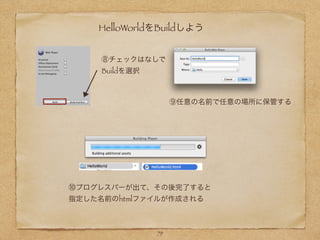 HelloWorldをBuildしよう
79
⑧チェックはなしで
Buildを選択
⑨任意の名前で任意の場所に保管する
⑩プログレスバーが出て、その後完了すると
指定した名前のhtmlファイルが作成される
 
