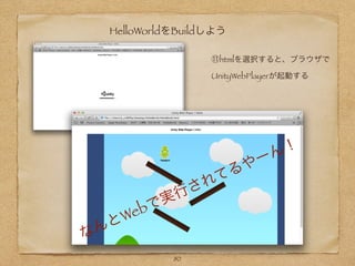 HelloWorldをBuildしよう
80
⑪htmlを選択すると、ブラウザで
UnityWebPlayerが起動する
なんとWebで実行されてるやーん！
 