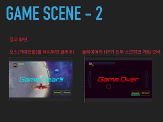 GAME SCENE - 2
결과 화면..
보스(거대전함)를 해치우면 클리어! 플레이어의 HP가 전부 소모되면 게임 오버
 