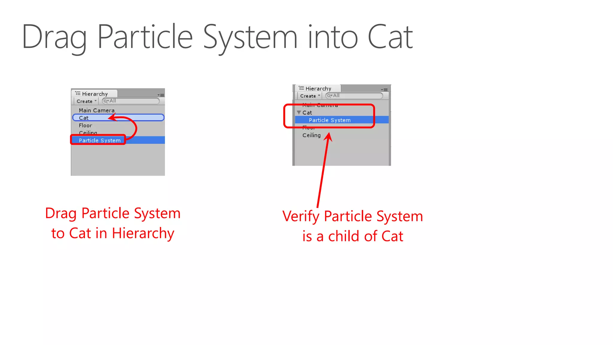 Verify Particle System
is a child of Cat
Drag Particle System
to Cat in Hierarchy
 