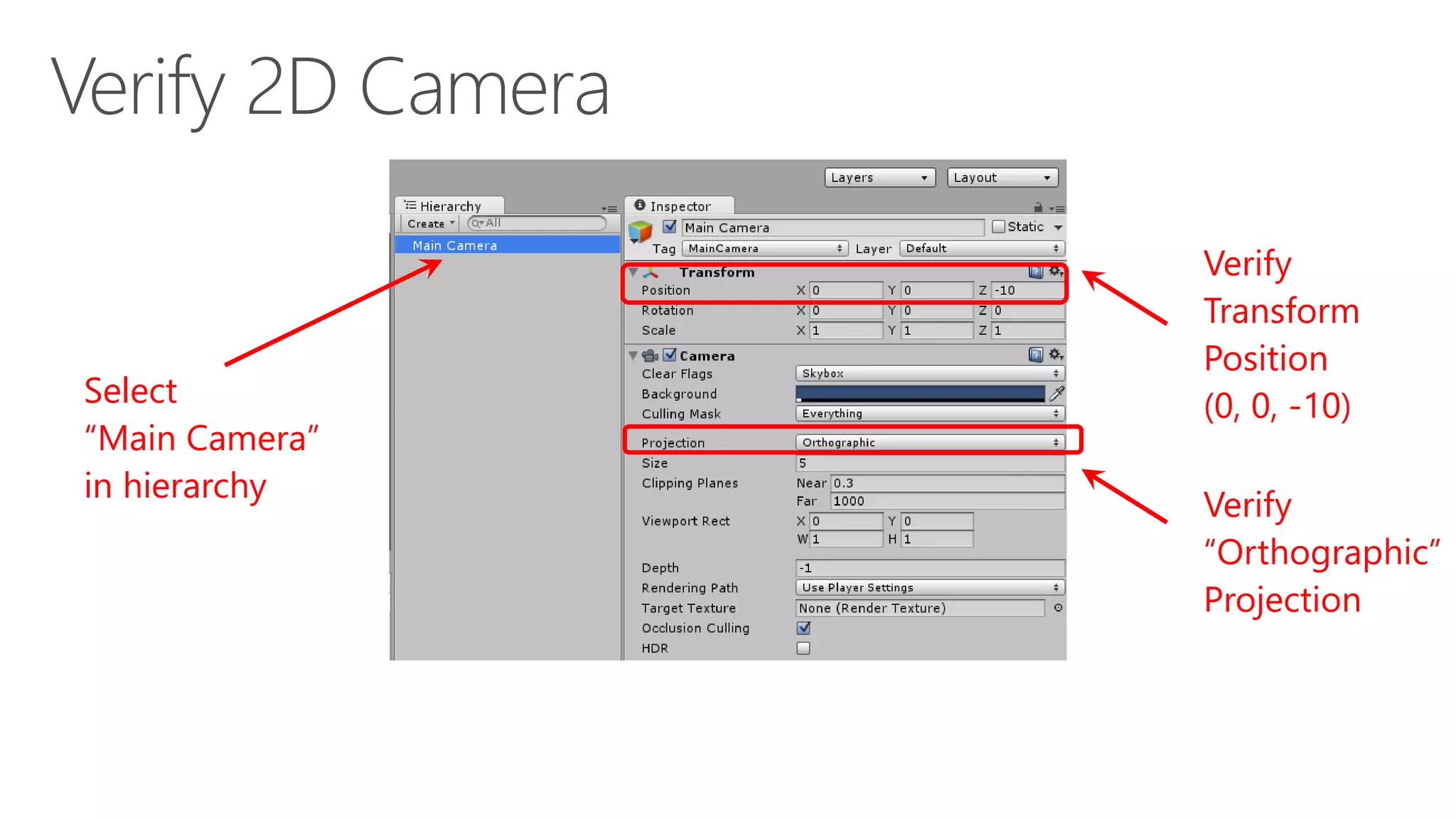 Select
“Main Camera”
in hierarchy
Verify
Transform
Position
(0, 0, -10)
Verify
“Orthographic”
Projection
 