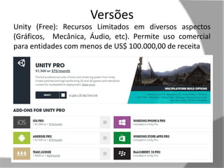 Versões 
Unity (Free): Recursos Limitados em diversos aspectos 
(Gráficos, Mecânica, Áudio, etc). Permite uso comercial 
para entidades com menos de US$ 100.000,00 de receita 
 