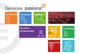 Servicios
Consultoría   Proyectos       Auditoría




              Servicios                    Social      Formación
              profesionales                Media



                                          Innovación    Azure
 