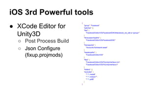 iOS 3rd Powerful tools
● XCode Editor for
Unity3D

{
"group": "Facebook",
"patches": [],
"libs": [
"Facebook/Editor/iOS/FacebookSDK/libfacebook_ios_sdk.a:<group>"
],
"librarysearchpaths": [
"Facebook/Editor/iOS/FacebookSDK/"
],
"frameworks": [
"Accounts.framework:weak"
],
"headerpaths": [
"Facebook/Editor/iOS"
],
"files": [
"Facebook/Editor/iOS/FbUnityInterface.mm",
"Facebook/Editor/iOS/FbUnityInterface.h"
],
"folders": [],
"excludes": [
"^.*.meta$",
"^.*.mdown^",
"^.*.pdf$"
]

○ Post Process Build
○ Json Configure
(fixup.projmods)

}

 