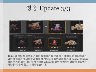 영웅 Update 3/3
Dota2에 카드 형식으로 기획이 들어왔기 때문에 적은 비용으로 애니메이션
되는 캐릭터가 필요하였고 불특정 캐릭터가 들어와야 하기에 Render Texture
라는 무거운 방식대신 각 캐릭터의 Z Scale을 줄여서 배치하였으며 별도에 카
메라를 더 두지 않고 처리하였습니다.
 