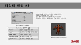 캐릭터 생성 #8
화면과 동일하게 입력한다.
dragon.png를 보면 세로로는 6칸, 가로로 4칸이다.
1/6은 약 0.166이며, 1/4는 0.25다.
용을 출력 해야하기 때문에 OffsetY는 밑에서부터
5번째부터 시작하기 때문에 0.166 * 5로 해서 약 0.833이다.
Canimation 패러미터 설명
OffsetX 한번에 이동할 X좌표 크기
OffsetY 애니메이션이 시작할 위치의 y좌표
ScaleX, ScaleY 그림당 가로 세로 크기
Animation Speed 애니메이션이 되는 속도
Sprite Number 애니메이션 프레임의 개수
용 애니메이션이 진행될 것이다.
 