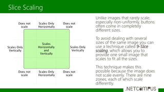 Unlike images that rarely scale,
especially non-uniformly, buttons
often come in completely
different sizes.
To avoid dealing with several
sizes of the same image you can
use a technique called 9-Slice
scaling, which allows you to
provide one small image that
scales to fit all the sizes.
This technique makes this
possible because the image does
not scale evenly. There are nine
zones, each of which scale
differently.
Slice Scaling
 