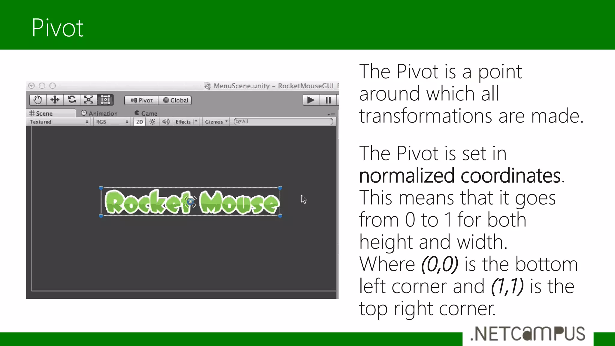 The Pivot is a point
around which all
transformations are made.
The Pivot is set in
normalized coordinates.
This means that it goes
from 0 to 1 for both
height and width.
Where (0,0) is the bottom
left corner and (1,1) is the
top right corner.
Pivot
 