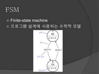 FSM
 Finite-state machine
 프로그램 설계에 사용하는 수학적 모델
 