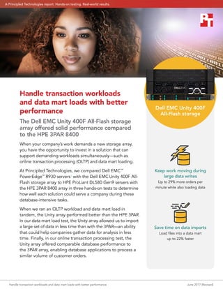 Handle transaction workloads and data mart loads with better performance	 June 2017 (Revised)
Handle transaction workloads
and data mart loads with better
performance
The Dell EMC Unity 400F All-Flash storage
array offered solid performance compared
to the HPE 3PAR 8400
When your company’s work demands a new storage array,
you have the opportunity to invest in a solution that can
support demanding workloads simultaneously—such as
online transaction processing (OLTP) and data mart loading.
At Principled Technologies, we compared Dell EMC™
PowerEdge™
R930 servers1
with the Dell EMC Unity 400F All-
Flash storage array to HPE ProLiant DL580 Gen9 servers with
the HPE 3PAR 8400 array in three hands-on tests to determine
how well each solution could serve a company during these
database-intensive tasks.
When we ran an OLTP workload and data mart load in
tandem, the Unity array performed better than the HPE 3PAR.
In our data mart load test, the Unity array allowed us to import
a large set of data in less time than with the 3PAR—an ability
that could help companies gather data for analysis in less
time. Finally, in our online transaction processing test, the
Unity array offered comparable database performance to
the 3PAR array, enabling database applications to process a
similar volume of customer orders.
Dell EMC Unity 400F
All-Flash storage
Keep work moving during
large data writes
Up to 29% more orders per
minute while also loading data
Save time on data imports
Load files into a data mart
up to 22% faster
A Principled Technologies report: Hands-on testing. Real-world results.
 