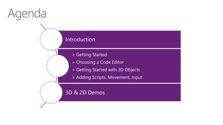Introduction
> Getting Started
> Choosing a Code Editor
> Getting Started with 3D Objects
> Adding Scripts, Movement, Input
3D & 2D Demos
 