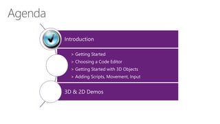 Introduction
> Getting Started
> Choosing a Code Editor
> Getting Started with 3D Objects
> Adding Scripts, Movement, Input
3D & 2D Demos
 