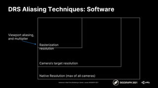 Advances in Real-Time Rendering in Games course, SIGGRAPH 2021
Hardware Based
DRS Aliasing Techniques: Software
Native Resolution (max of all cameras)
Camera’s target resolution
Rasterization
resolution
Viewport aliasing,
and multiplier
 
