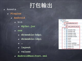 打包輸出Assets
Plugins
Android
bin
MyJar.jar
res
drawable-hdpi
drawable-ldpi
…
layout
values
AndroidManifest.xml
 