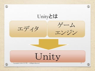 Unityとは
Copyright(C) 2018 . All Rights Reserved石井 勇一 17
エディタ
ゲーム
エンジン
Ｕｎｉｔｙ
 