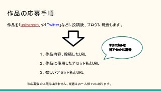 作品の応募手順
作品を「unityroom」や「Twitter」などに投稿後、ブログに報告します。
１．作品内容、投稿したURL
２．作品に使用したアセット名とURL
３．欲しいアセット名とURL
テクニカルな
神アセットに期待
※応募数の上限はありません。当選はお一人様１つに絞ります。
 