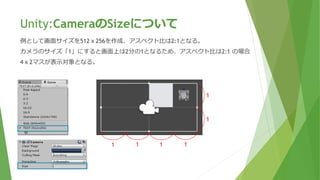 Unity:CameraのSizeについて
CameraのSizeはAPIの説明では、 orthographic モードの場合は垂直サイズの視野量の半分となる。
円を描く場合、直径ではなく半径を指定する感じですね。
例として画面サイズを512ｘ256を作成、アスペクト比は2:1となる。
カメラのサイズ「1」にすると、アスペクト比は2:1 の場合4ｘ2マスが表示対象となる。
1 1
1
1 1 1 1
 