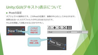 Unity:GUI(テキスト)表示について
 Pivotの設定
オブジェクトの基準点です。このPivotの位置が、画像の中心点としてみなされます。
座標は(0,0)～(1,1)でデフォルトの中心点は(0.5,0.5)です。
中心点を移動して回転させると分かりやすい。
(0,0)
(1,1) この丸が
中心点で
移動可能
中心点を
移動し回転
 