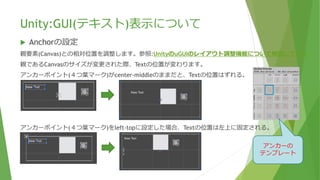 Unity:GUI(テキスト)表示について
 Anchorの設定
親要素(Canvas)との相対位置を調整します。参照:UnityのuGUIのレイアウト調整機能について解説してみる
親であるCanvasのサイズが変更された際、Textの位置が変わります。
アンカーポイント(４つ葉マーク)がcenter-middleのままだと、Textの位置はずれる。
アンカーポイント(４つ葉マーク)をleft-topに設定した場合、Textの位置は左上に固定される。
アンカーの
テンプレート
 
