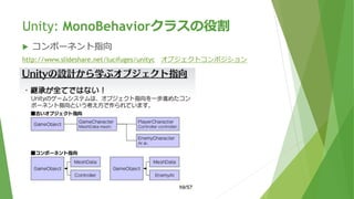 Unity: MonoBehaviorクラスの役割
 コンポーネント指向
http://www.slideshare.net/lucifuges/unityc オブジェクトコンポジション
 