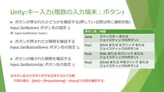 Unity:キー入力(複数の入力端末：ボタン)
 ボタンが押されたかどうかを確認する(押している間は常に連射状態)
Input.GetButton( ボタン名の指定 );
例 Input.GetButton("Jump")
 ボタンが押されたか瞬間を確認する
Input.GetButtonDown( ボタン名の指定 );
 ボタンが離された瞬間を確認する
Input.GetButtonUp( ボタン名の指定 );
※ボタン名は大文字小文字を区別するので注意
不明な場合、[Edit]→ [ProjectSetting] →[Input]で内容を確認する。
ボタン名 内容
Jump スペースキー または
ジョイスティックのボタン3
Fire1 左Ctrl または 左クリック または
ジョイスティックのボタン0
Fire2 左Alt または 右クリック または
ジョイスティックのボタン1
Fire3 左Cmd または 中央クリック または
ジョイスティックのボタン2
 